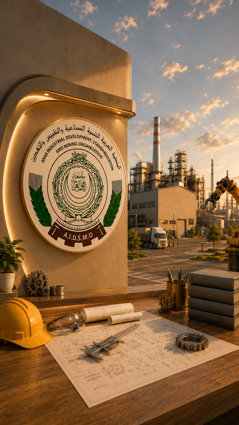 شعار المنظمة العربية للتنمية الصناعية والتقييس والتعدين في مشهد صناعي