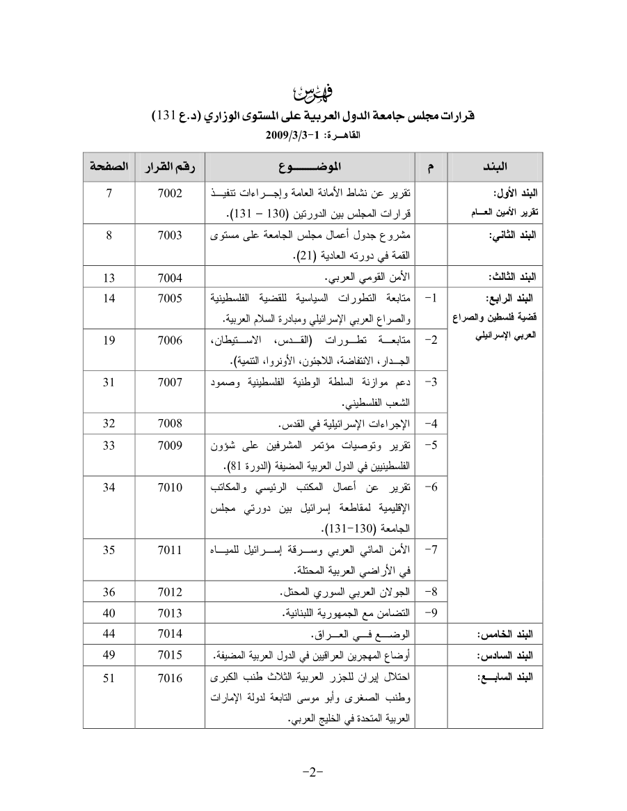 قرارات مجلس جامعه الدول العربية على المستوى الوزاري 131 بتاريخ 1-3 مارس 2009