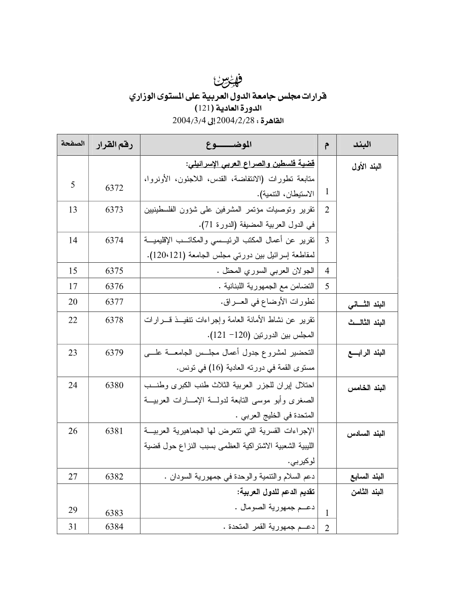 قرارات مجلس جامعه الدول العربية على المستوى الوزاري 121 من 28/2/2004 إلى 2004/3/4