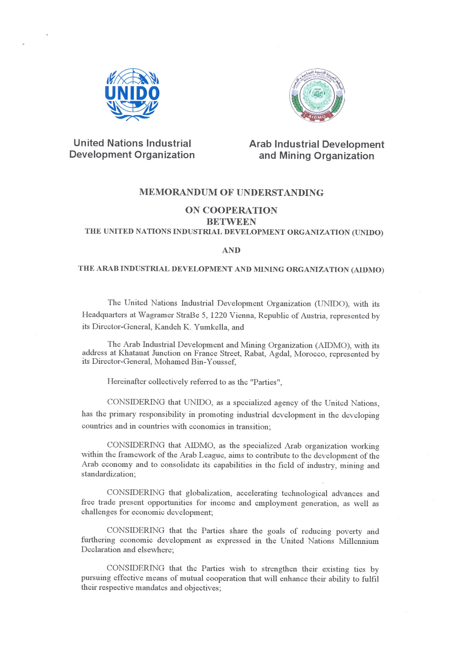 memorandum of understanding on cooperation unido and aidmo