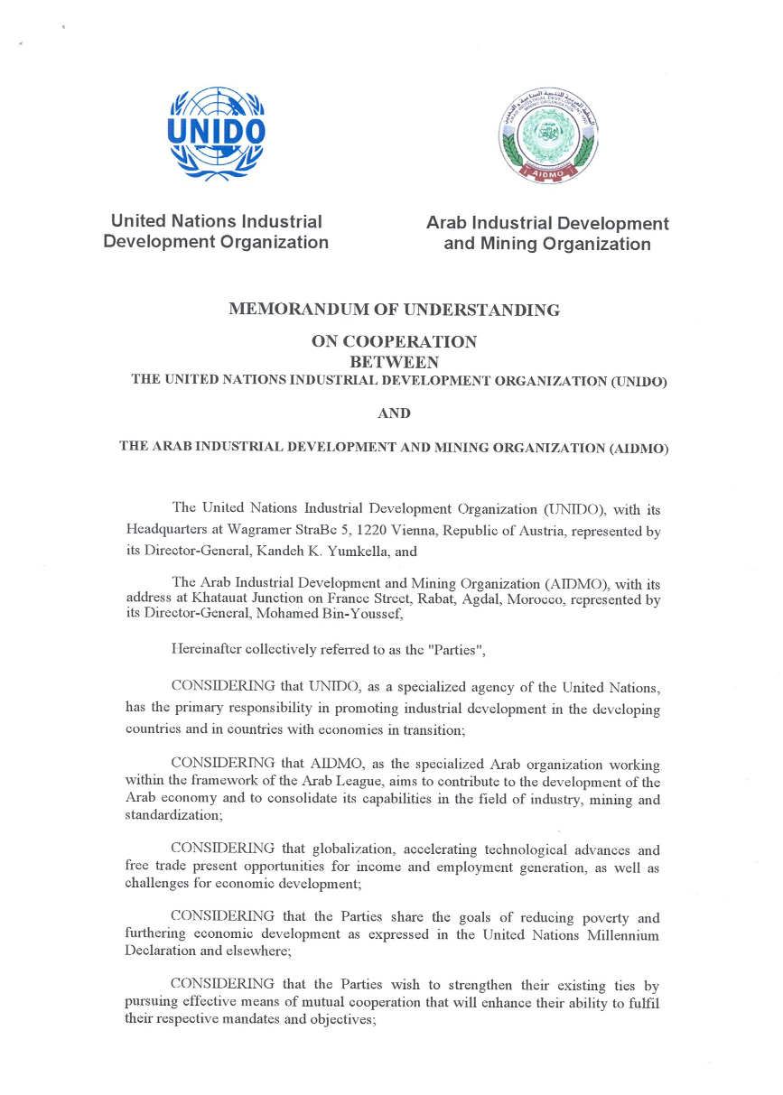 Memorandum of understanding on cooperation between unido and aidmo