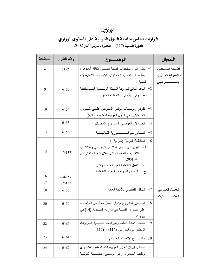 قرارات مجلس جامعه الدول العربية على المستوى الوزاري 117 مارس 2002